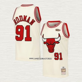 Dennis Rodman NO 91 Camiseta Chicago Bulls Mitchell & Ness Chainstitch Crema