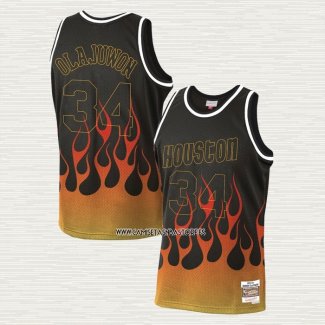 Hakeem Olajuwon NO 34 Camiseta Houston Rockets Flames Negro