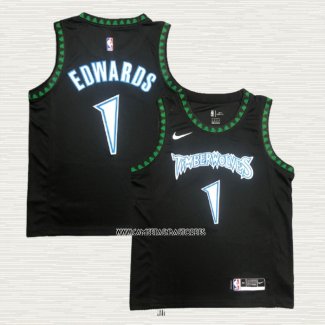 Anthony Edwards NO 1 Camiseta Minnesota Timberwolves Hardwood Classics Throwback Negro