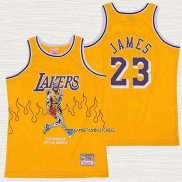 LeBron James NO 23 Camiseta Los Angeles Lakers Hardwood Classics Skull Edition Amarillo