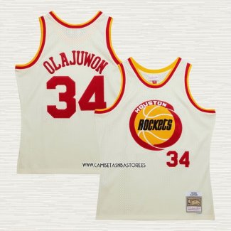 Hakeem Olajuwon NO 32 Camiseta Houston Rockets Mitchell & Ness Chainstitch Crema