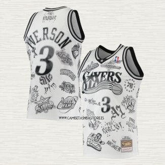 Allen Iverson NO 3 Camiseta Philadelphia 76ers Mitchell & Ness Tattoo 1997-98 Blanco