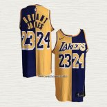 Kobe Bryant LeBron James NO 24 23 Camiseta Los Angeles Lakers Split Amarillo Violeta